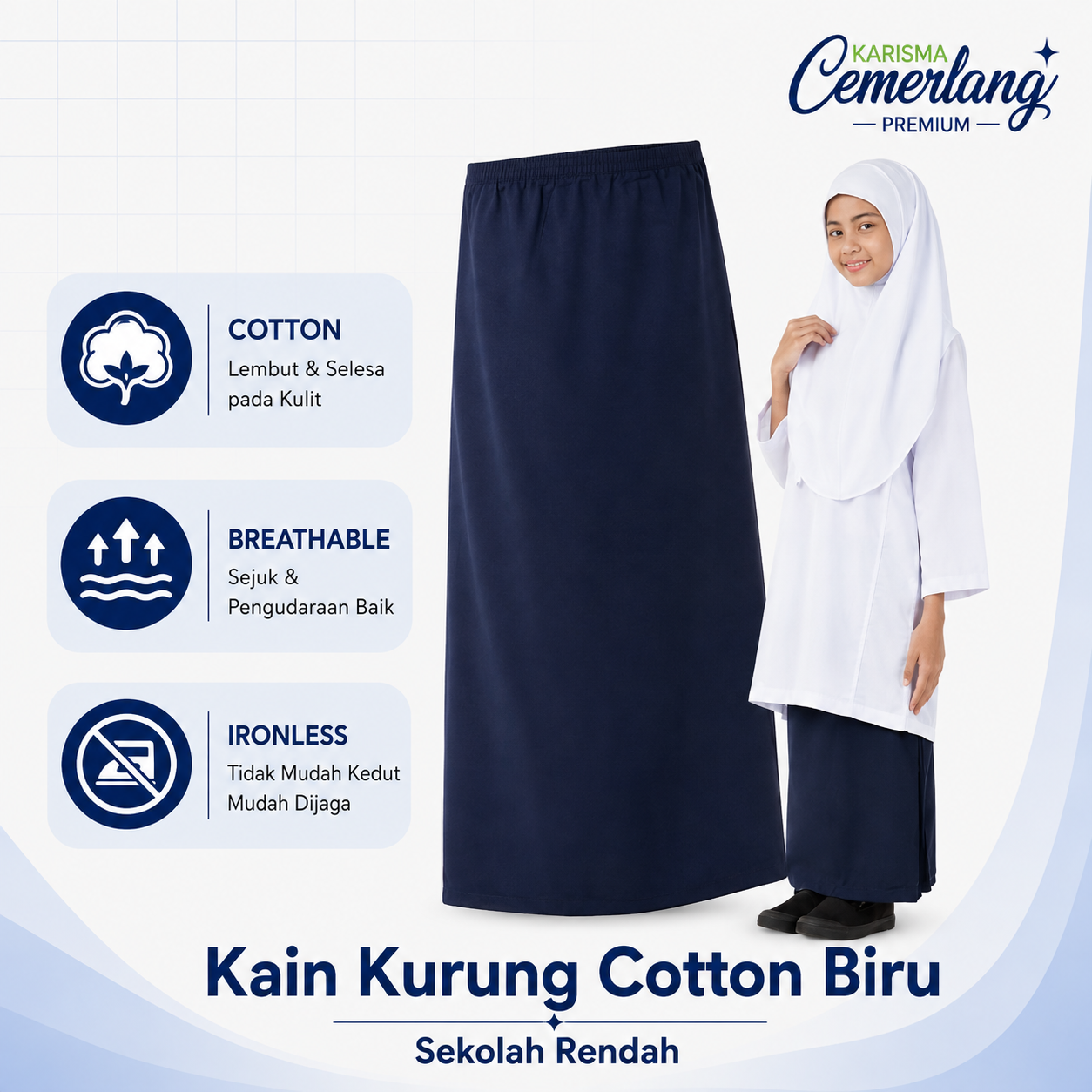 Kain Kurung Sekolah Biru Cotton