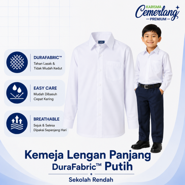 Kemeja Lengan Panjang Putih DuraFabric Sekolah Rendah