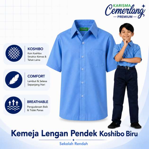 Kemeja Biru Lengan Pendek Koshibo Sekolah Rendah