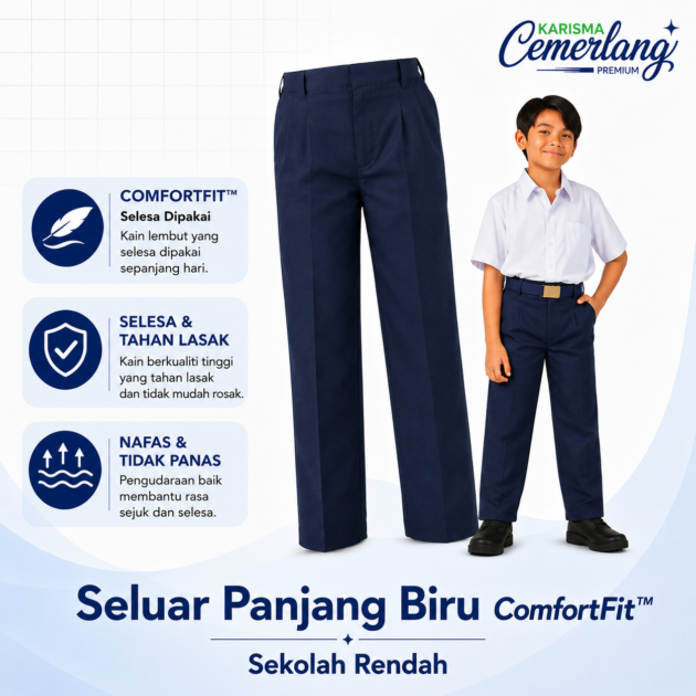 Seluar Panjang Biru Tua Sekolah Rendah ComfortFit