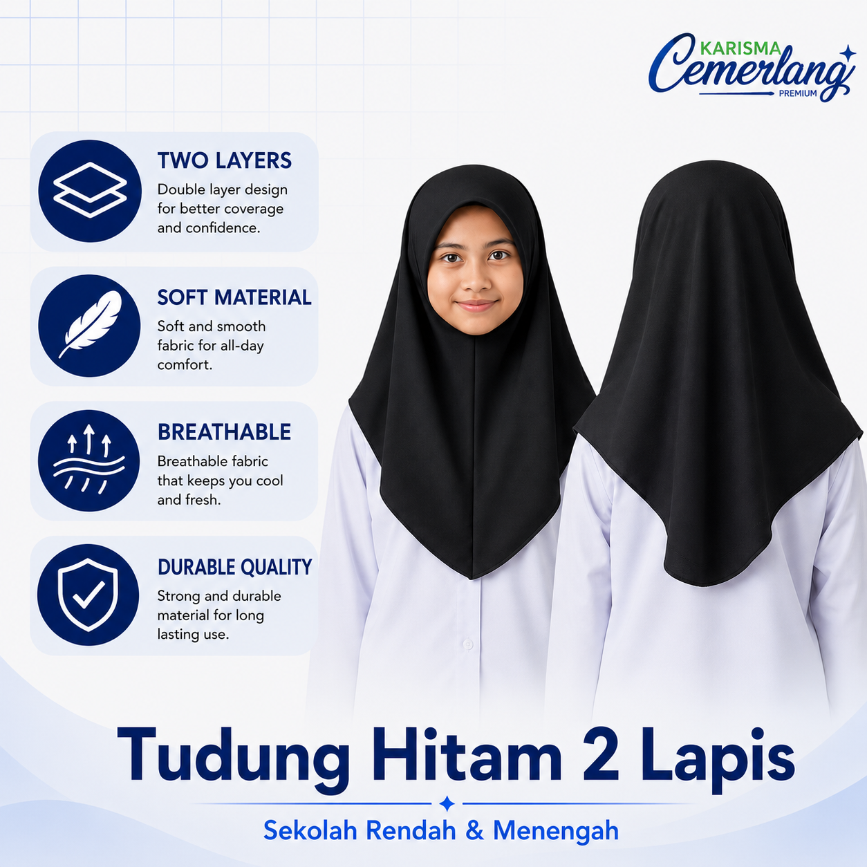 Tudung Sekolah Hitam 2 lapis